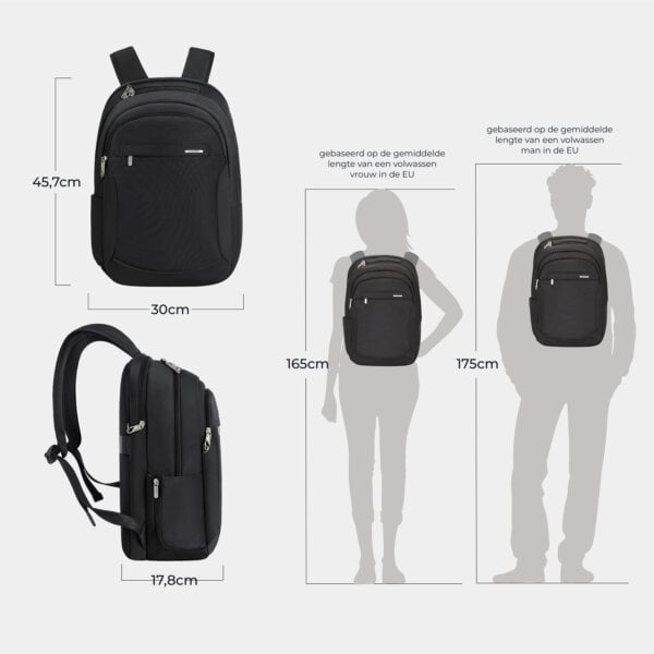 Maattekening van de Travelon Classic Journeys laptop rugzak in zwart: 30 cm breed, 45,7 cm hoog en 17,8 cm diep