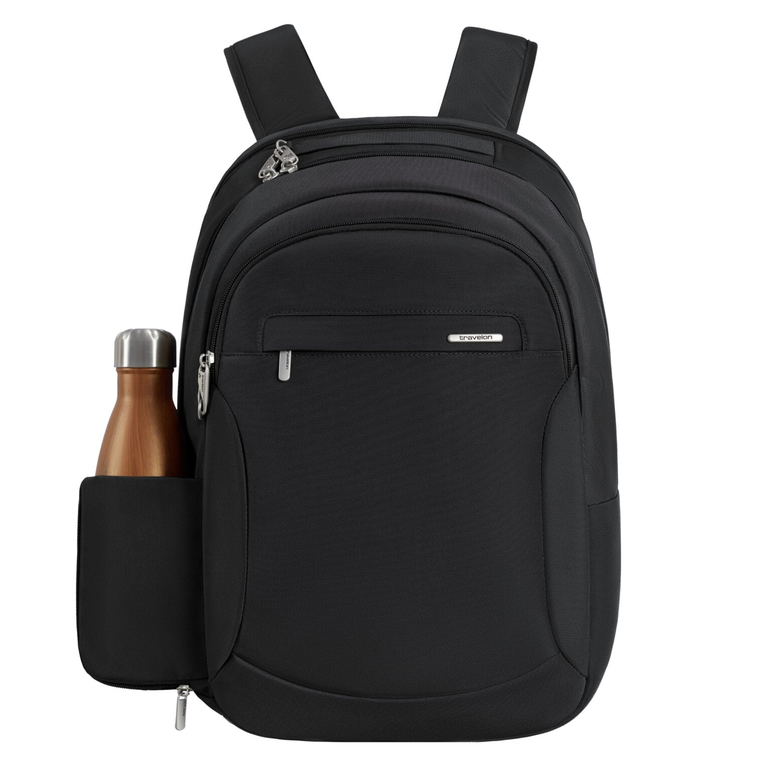 De Travelon Classic Journeys rugzak in zwart met een drinkfles in het zijvak
