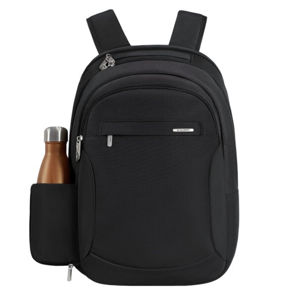 De Travelon Classic Journeys rugzak in zwart met een drinkfles in het zijvak