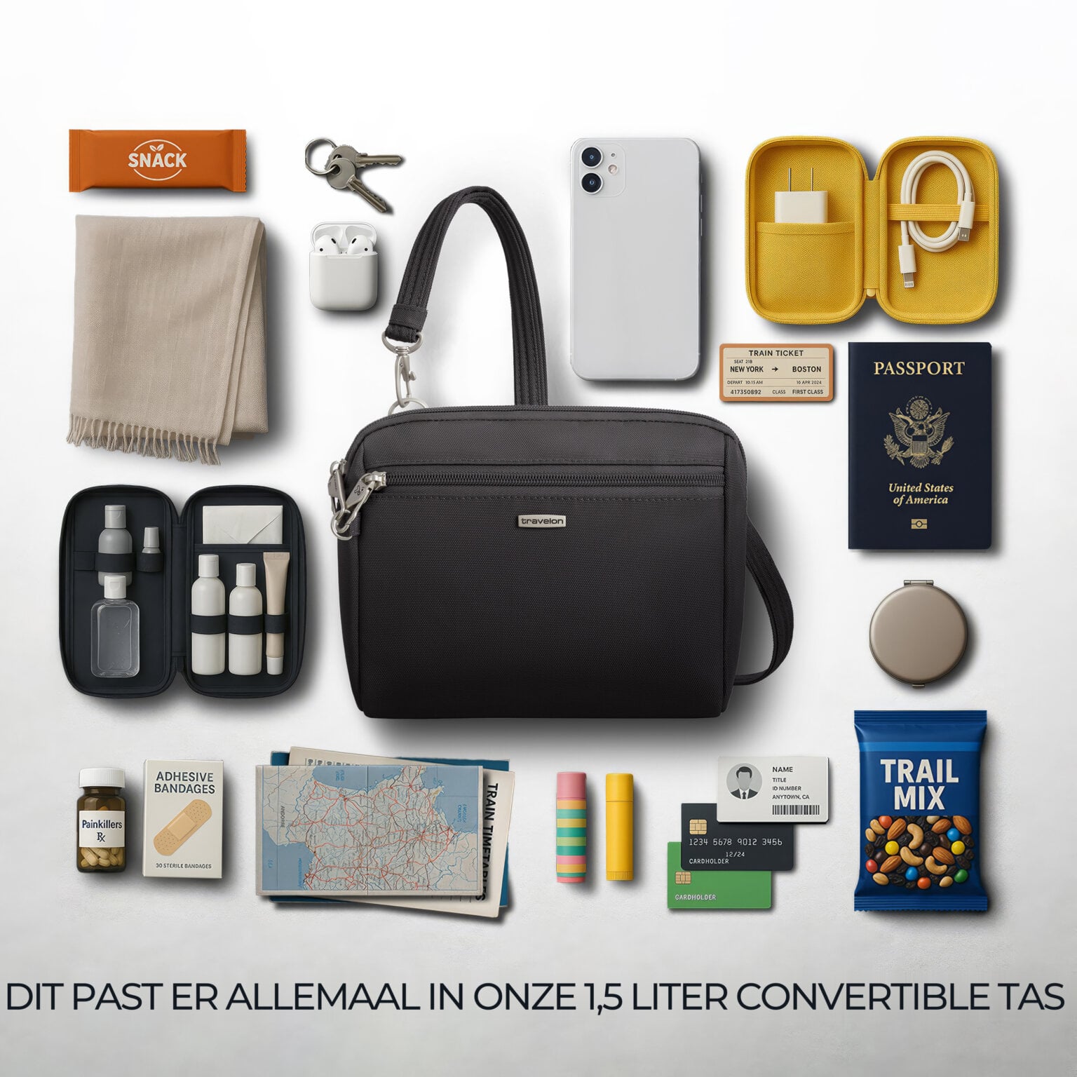 Overzicht van alles wat in de 1,5 liter Travelon Classic kleine crossbody of heuptas in zwart past