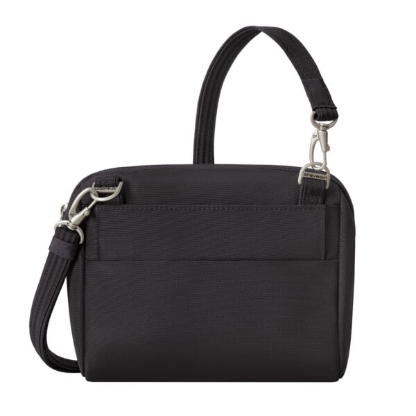 Achterkant van de Travelon Classic kleine crossbody of heuptas in zwart