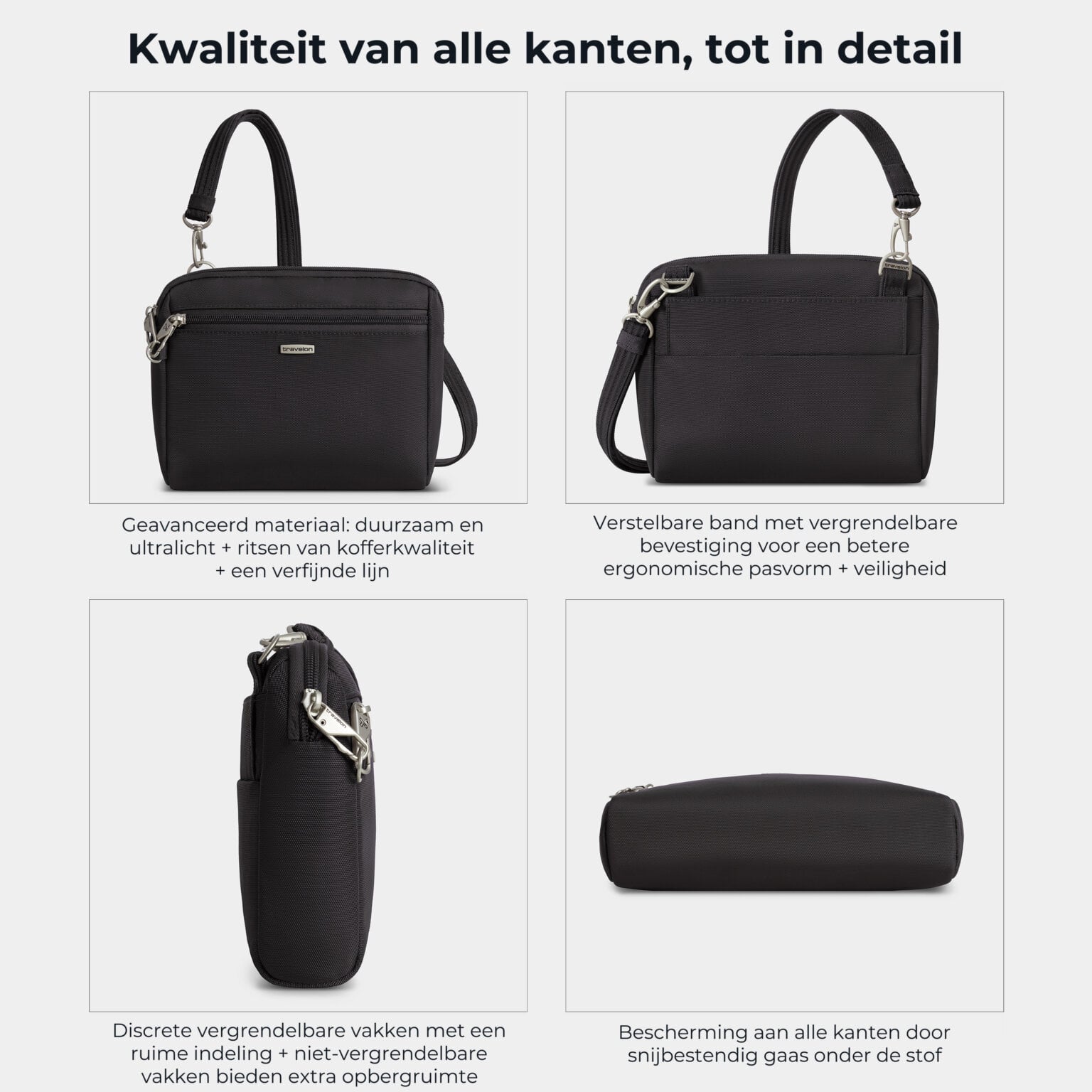 Kwaliteit en details van de Travelon Classic kleine crossbody of heuptas in zwart van alle kanten