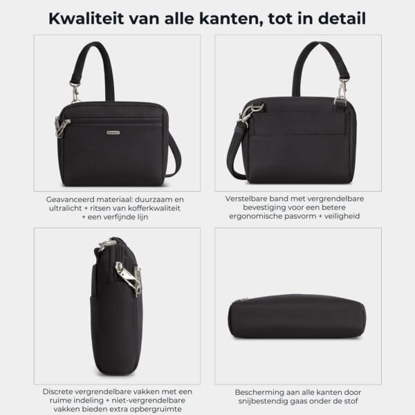 Kwaliteit en details van de Travelon Classic kleine crossbody of heuptas in zwart van alle kanten