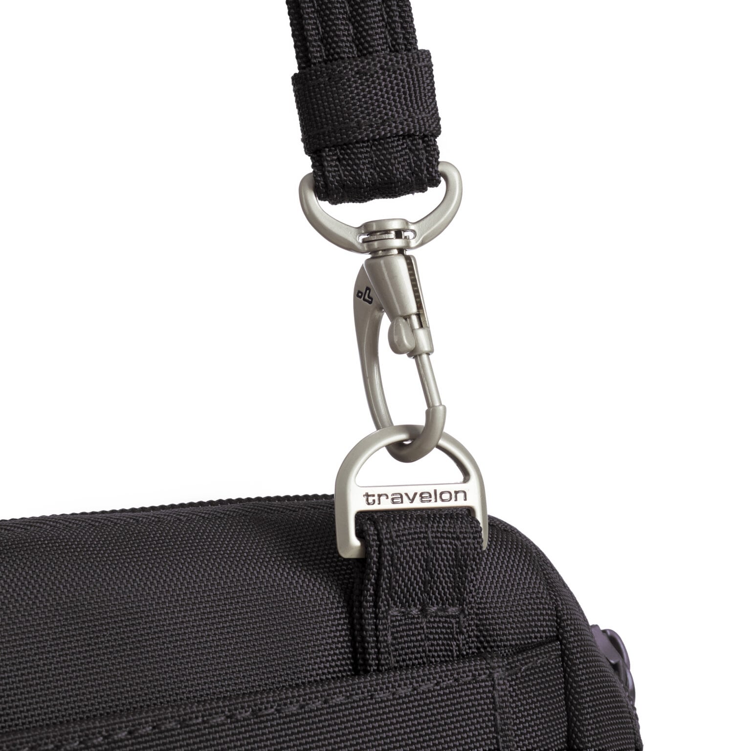 Lockdown-bevestiging van de schouderband van de Travelon Classic kleine crossbody of heuptas in zwart