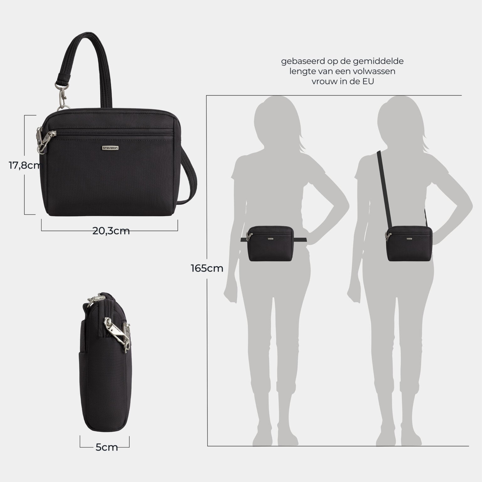 Maattekening van de Travelon Classic kleine crossbody of heuptas in zwart met de afmetingen in centimeters
