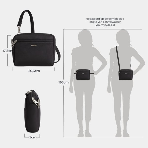 Maattekening van de Travelon Classic kleine crossbody of heuptas in zwart met de afmetingen in centimeters