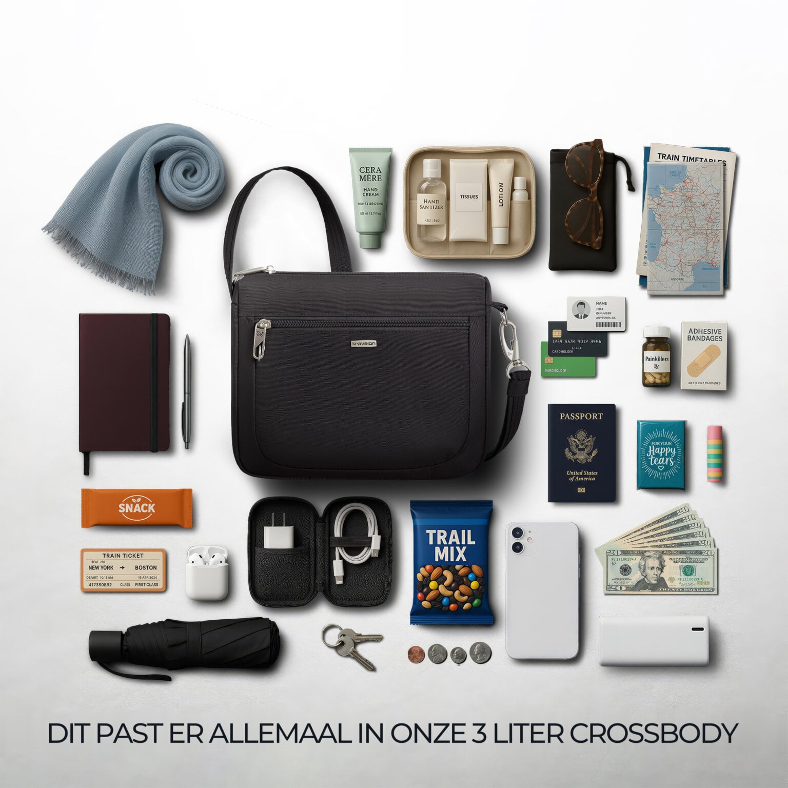 Overzicht van alles wat in de 3 liter Travelon Classic kleine crossbody tas in zwart past