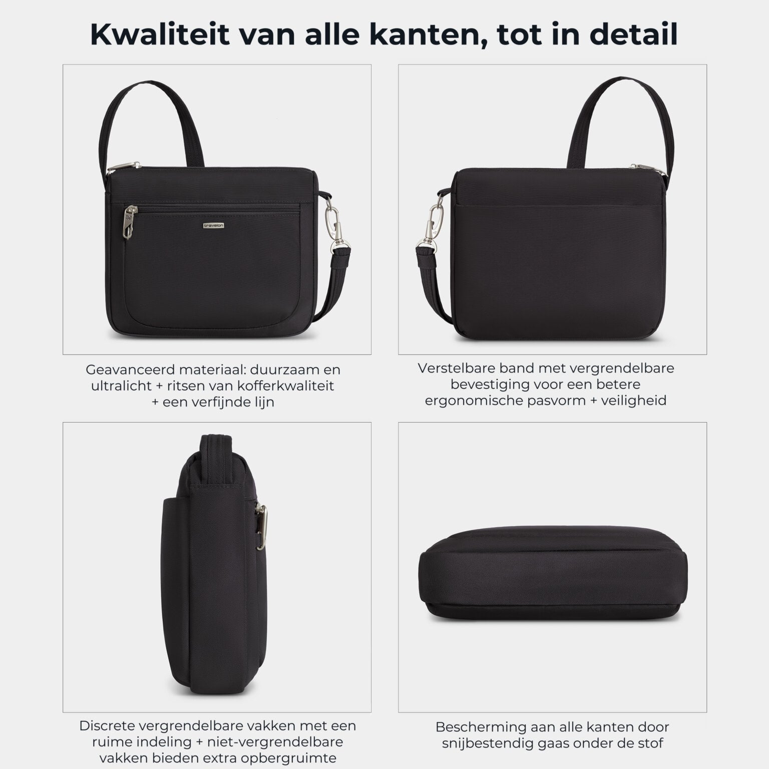 Kwaliteit en details van de Travelon Classic kleine crossbody tas in zwart van alle kanten