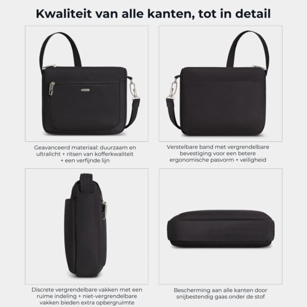 Kwaliteit en details van de Travelon Classic kleine crossbody tas in zwart van alle kanten