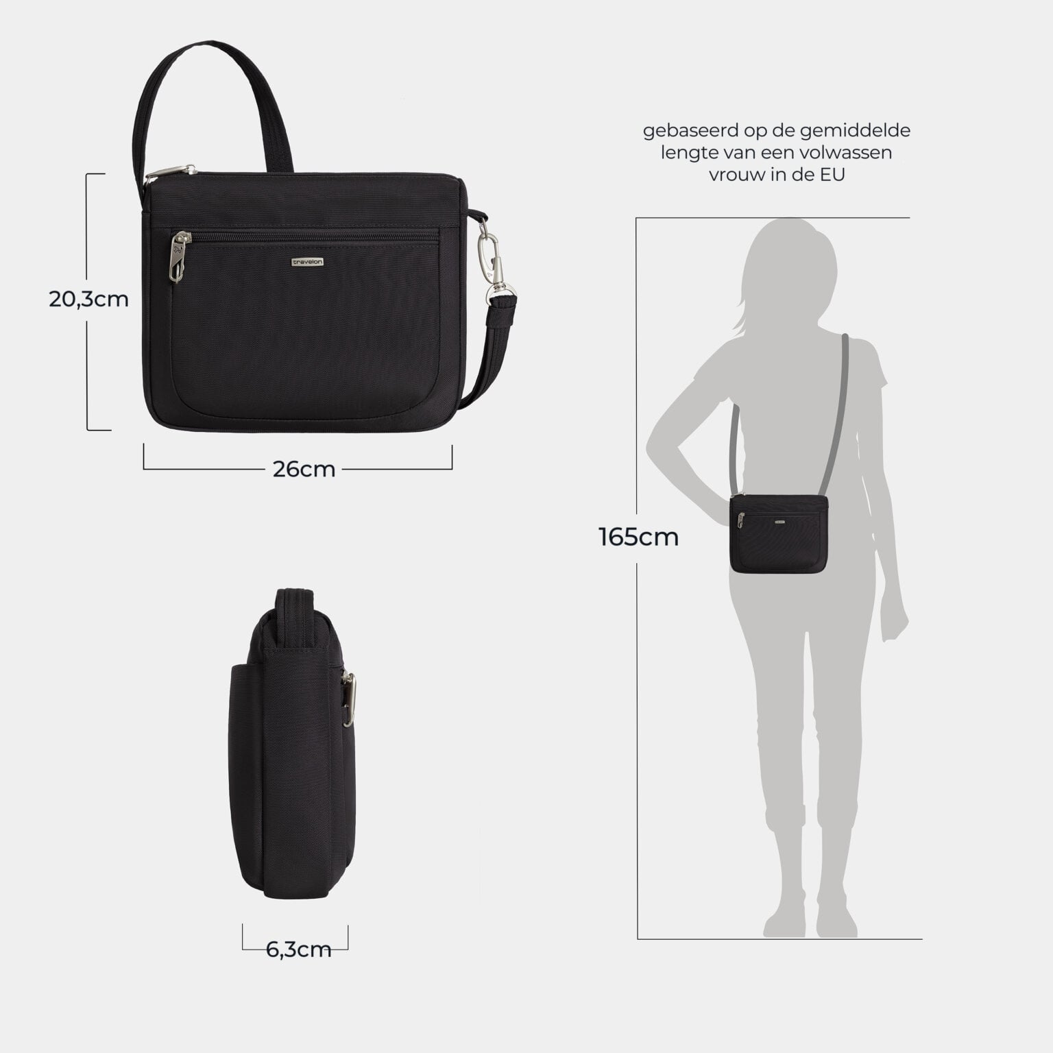 Maattekening van de Travelon Classic kleine crossbody tas in zwart met de afmetingen in centimeters