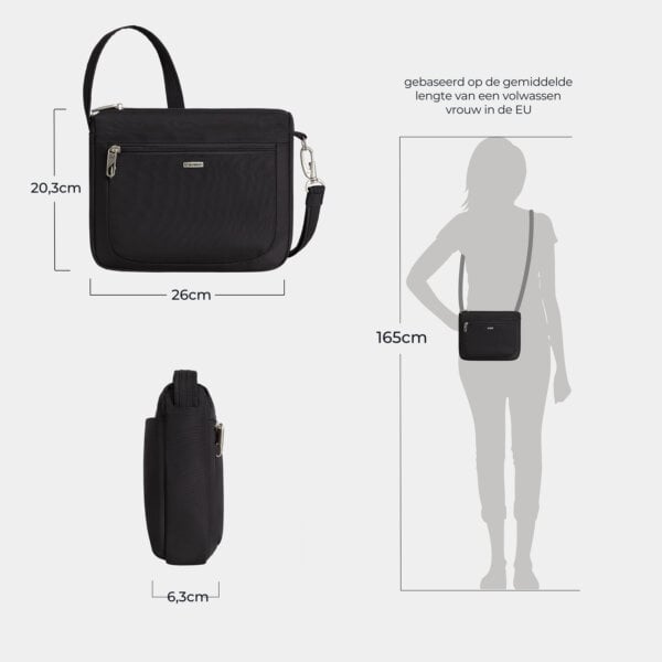 Maattekening van de Travelon Classic kleine crossbody tas in zwart met de afmetingen in centimeters