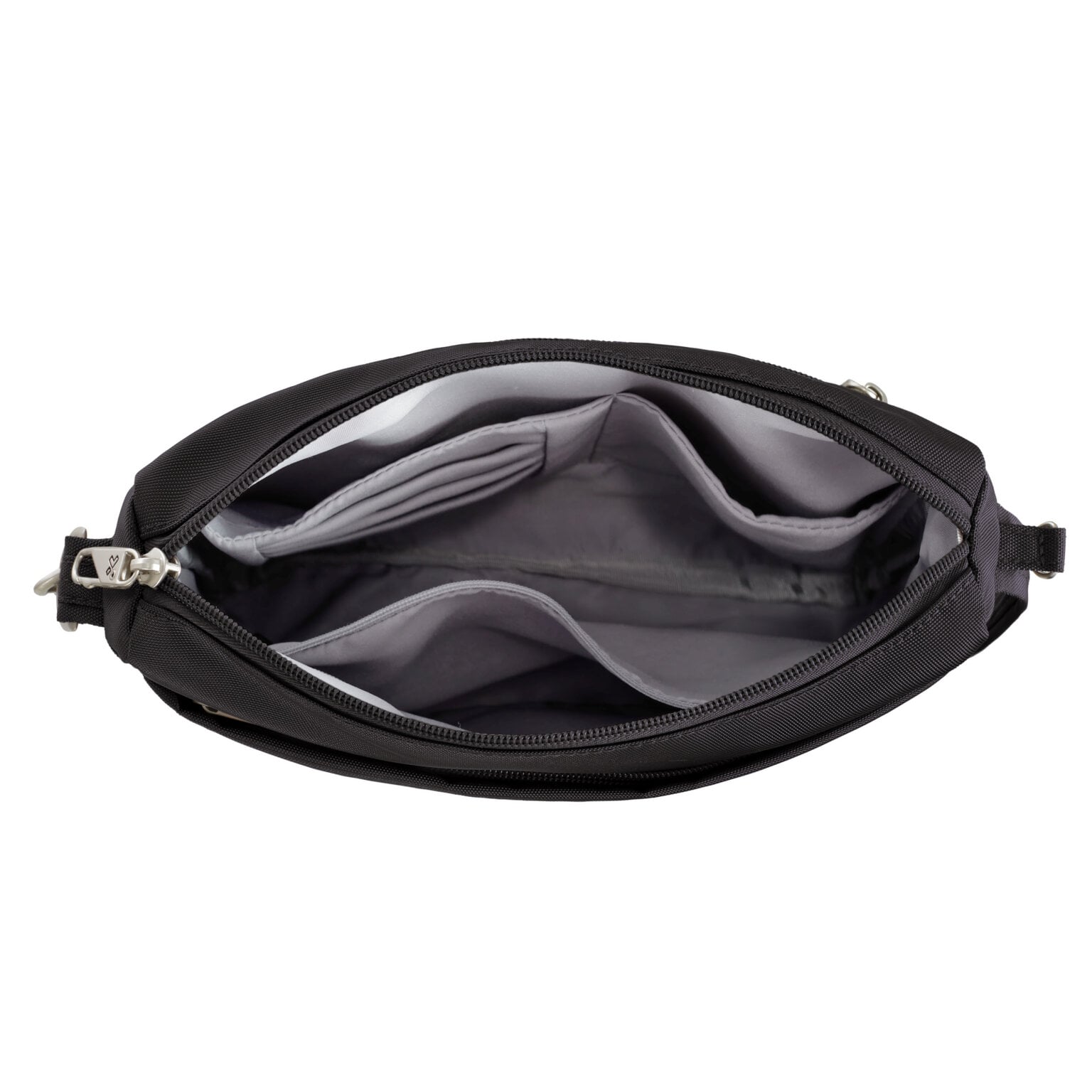 Open bovenkant van de Travelon Classic kleine crossbody tas in zwart met de grijze voering
