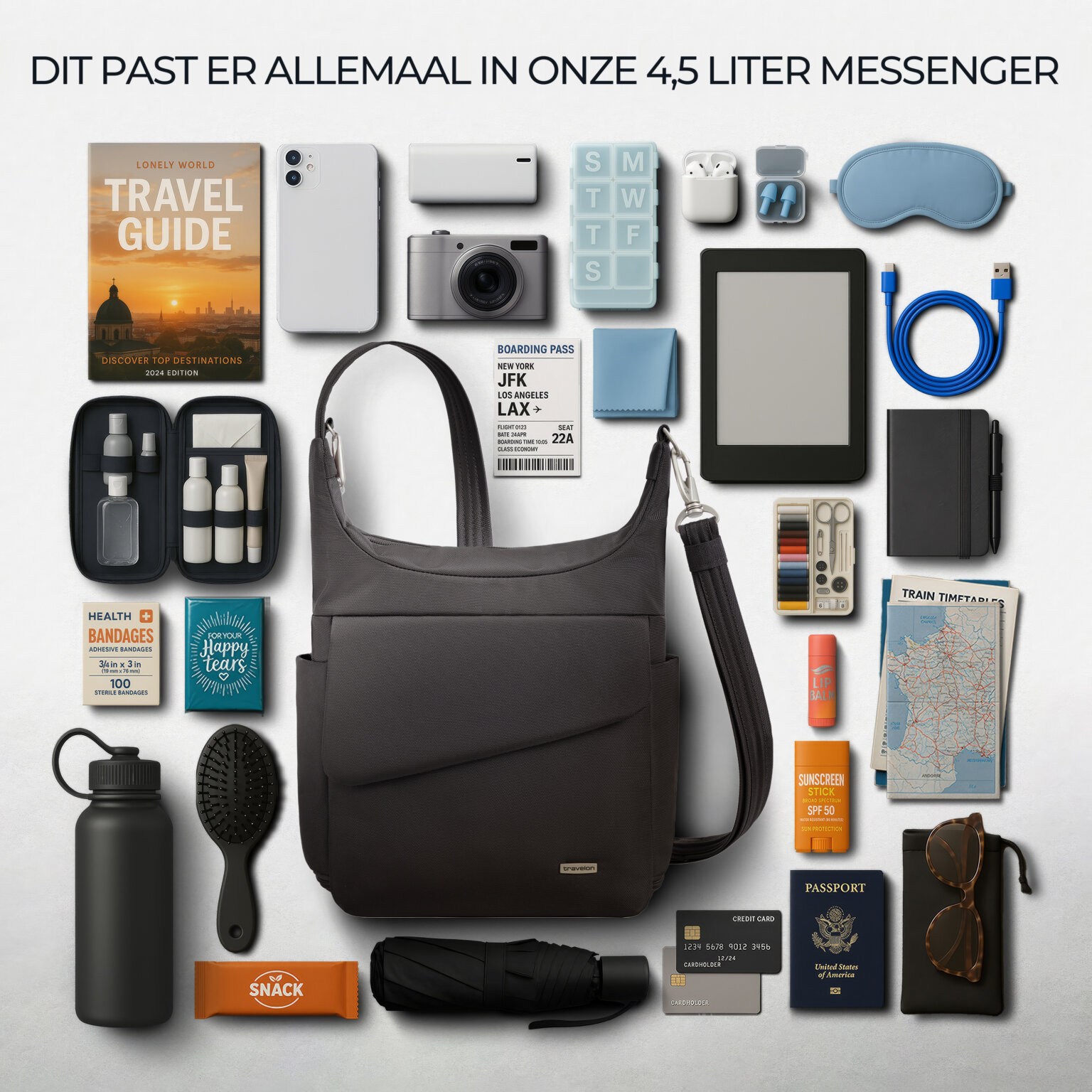 Overzicht van alles wat in de 4,5 liter Travelon Classic messenger tas past