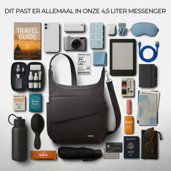 Overzicht van alles wat in de 4,5 liter Travelon Classic messenger tas past