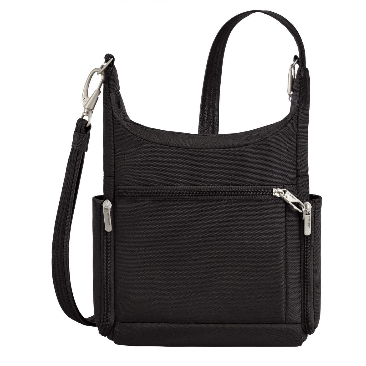Achterkant van de Travelon Classic messenger tas in zwart