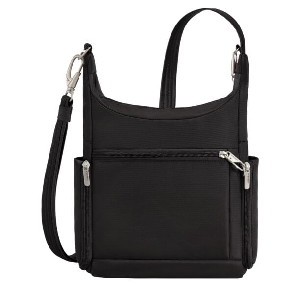 Achterkant van de Travelon Classic messenger tas in zwart