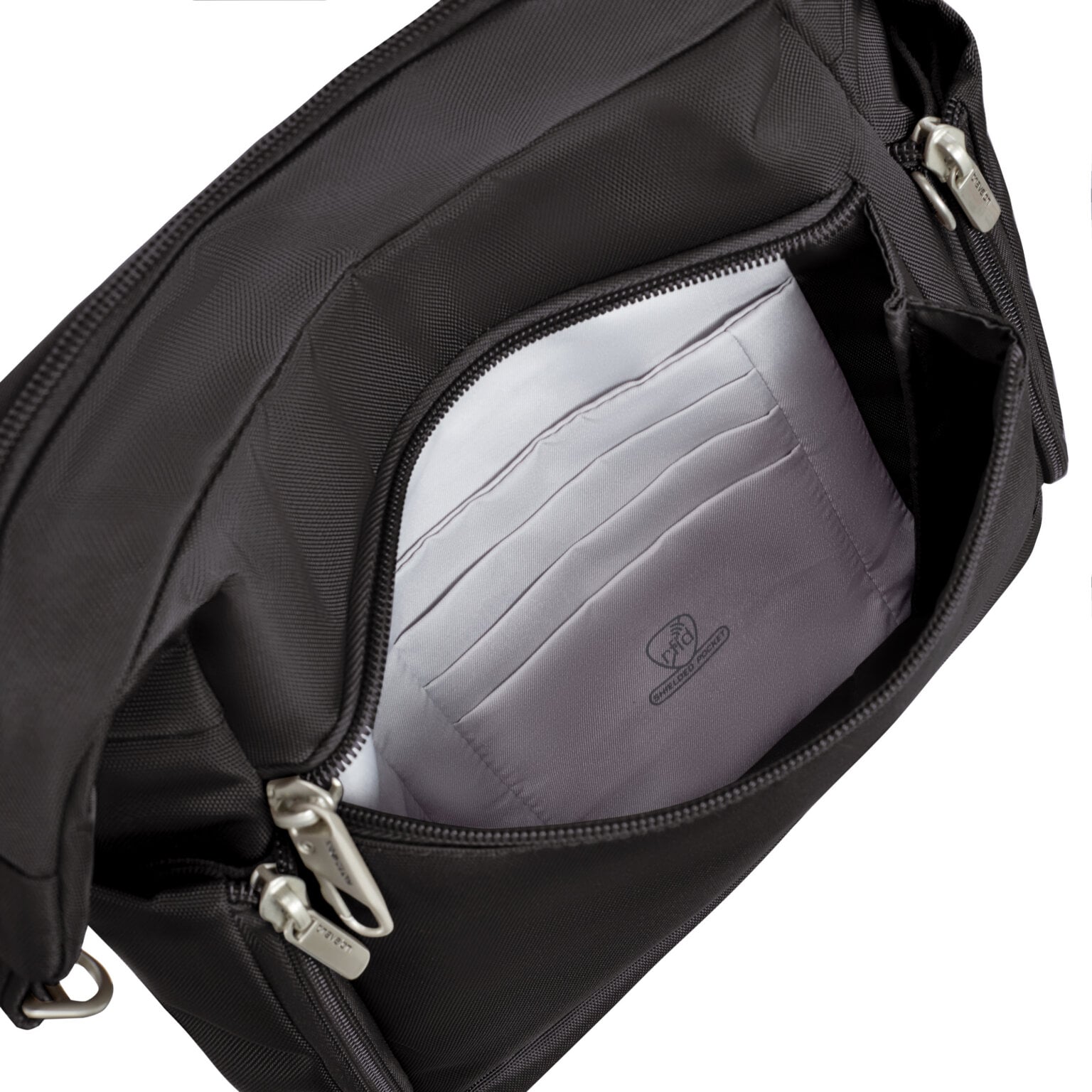 Binnenvak met rits van de Travelon Classic messenger tas in zwart