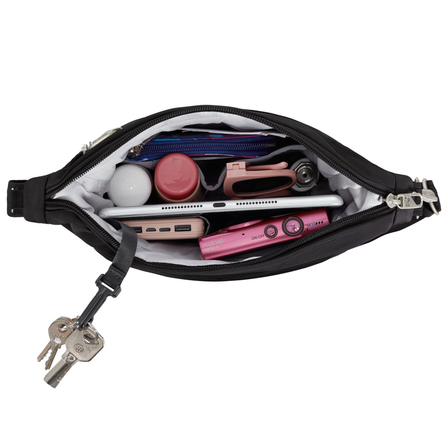 Hoofdvak van de Travelon Classic messenger tas in zwart met make-up, telefoon en sleutels