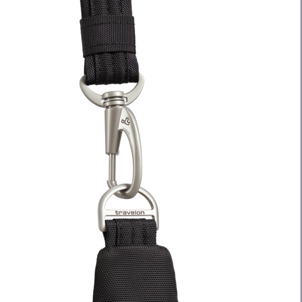 Lockdown-bevestiging van de schouderriem van de Travelon Classic messenger tas in zwart