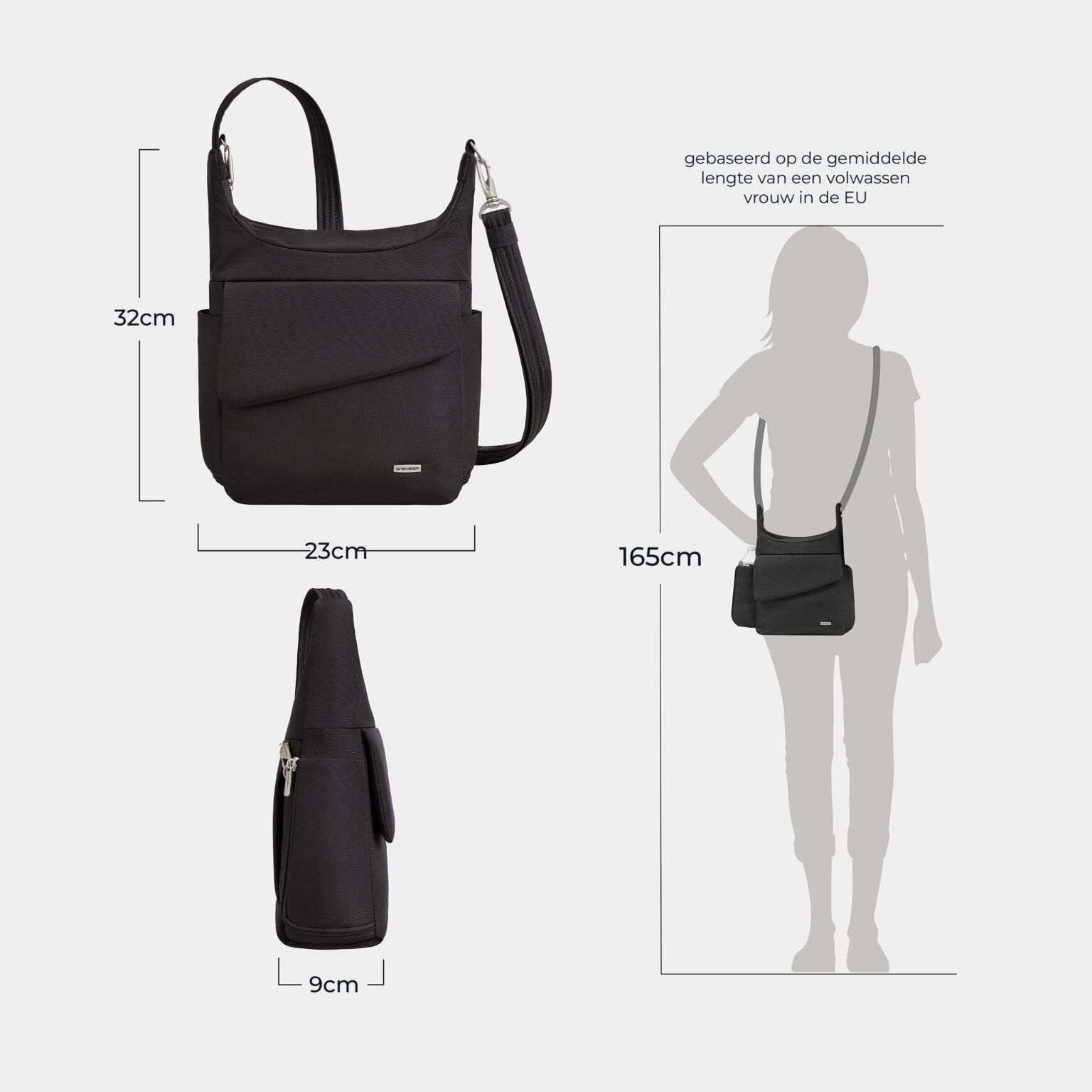 Maattekening van de Travelon Classic messenger tas in zwart: 23 cm breed, 32 cm hoog en 9 cm diep