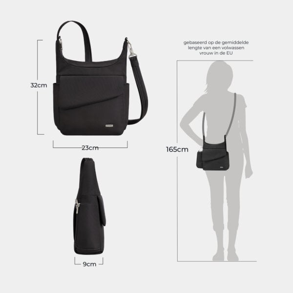 Maattekening van de Travelon Classic messenger tas in zwart: 23 cm breed, 32 cm hoog en 9 cm diep