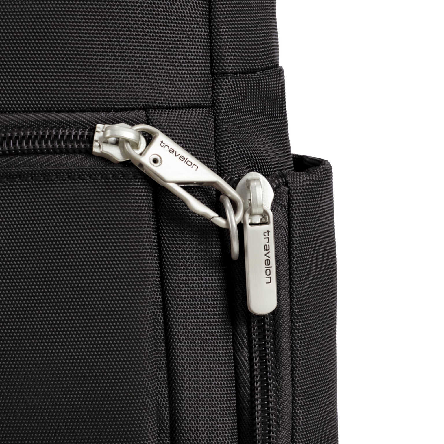 Vergrendelbare ritstrekkers van de Travelon Classic messenger tas in zwart