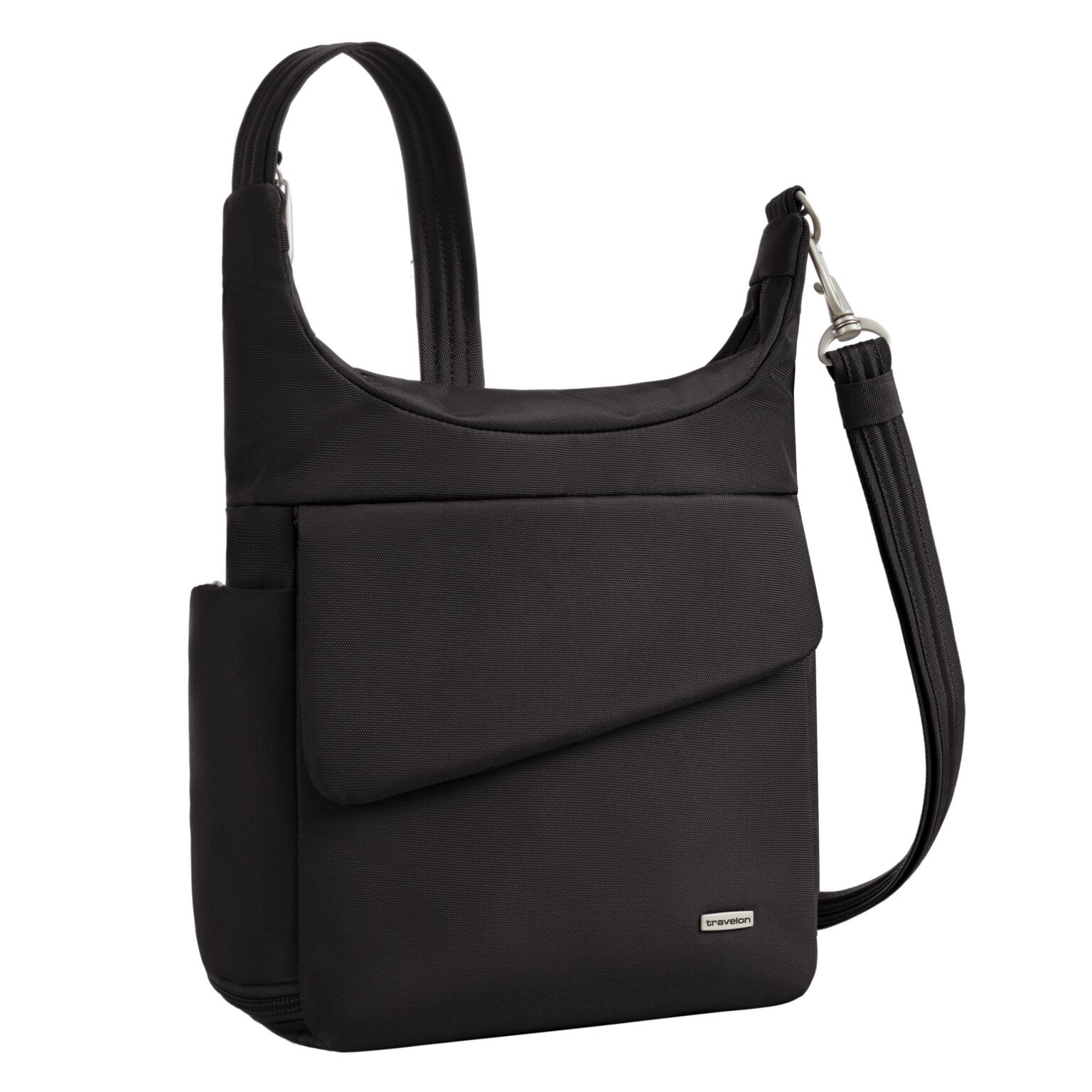 Vooraanzicht van de Travelon Classic messenger tas in zwart