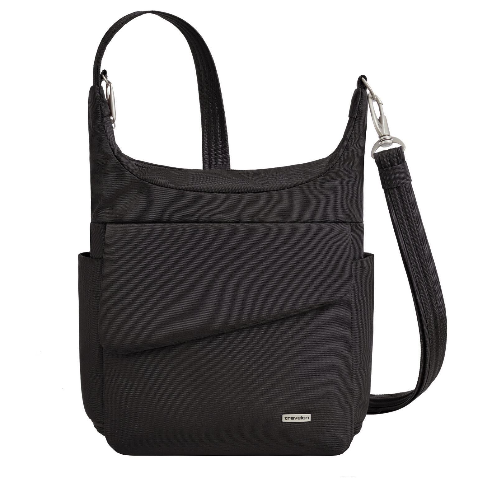 Vooraanzicht van de Travelon Classic messenger tas in zwart