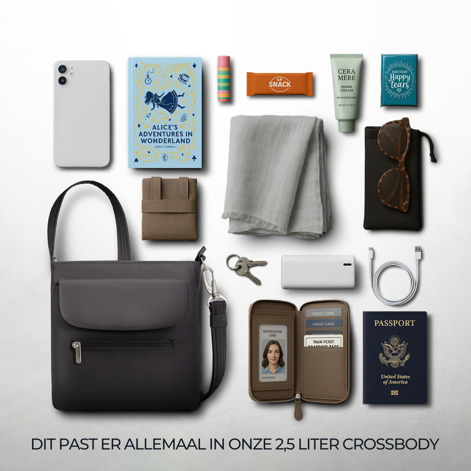 Overzicht van alles wat in de 2,5 liter Travelon Classic mini schoudertas in zwart past