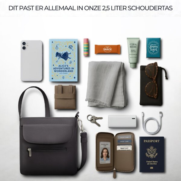 Overzicht van alles wat in de 2,5 liter Travelon Classic mini schoudertas in zwart past