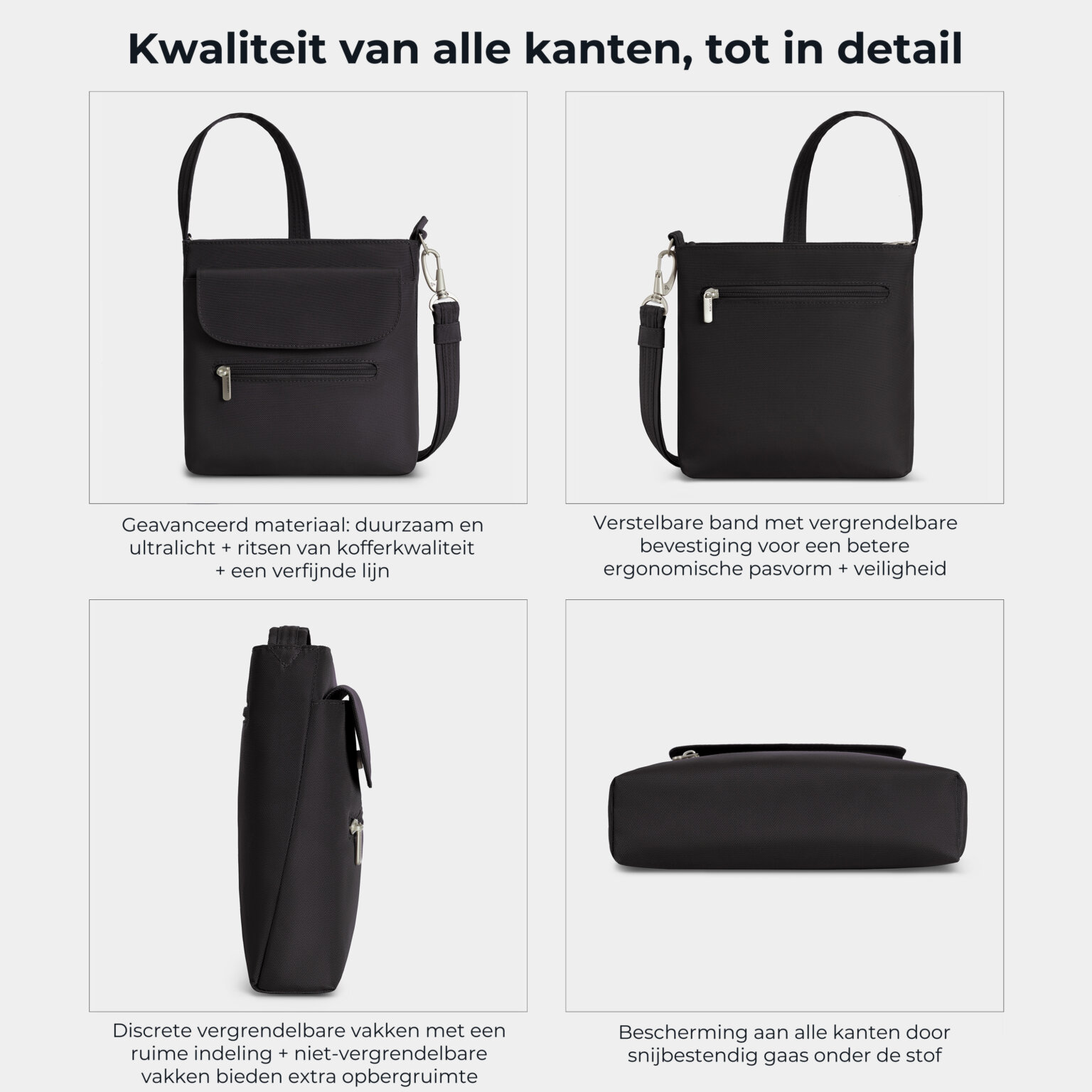 Kwaliteit en details van de Travelon Classic mini schoudertas in zwart van alle kanten