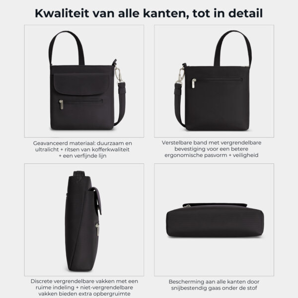 Kwaliteit en details van de Travelon Classic mini schoudertas in zwart van alle kanten