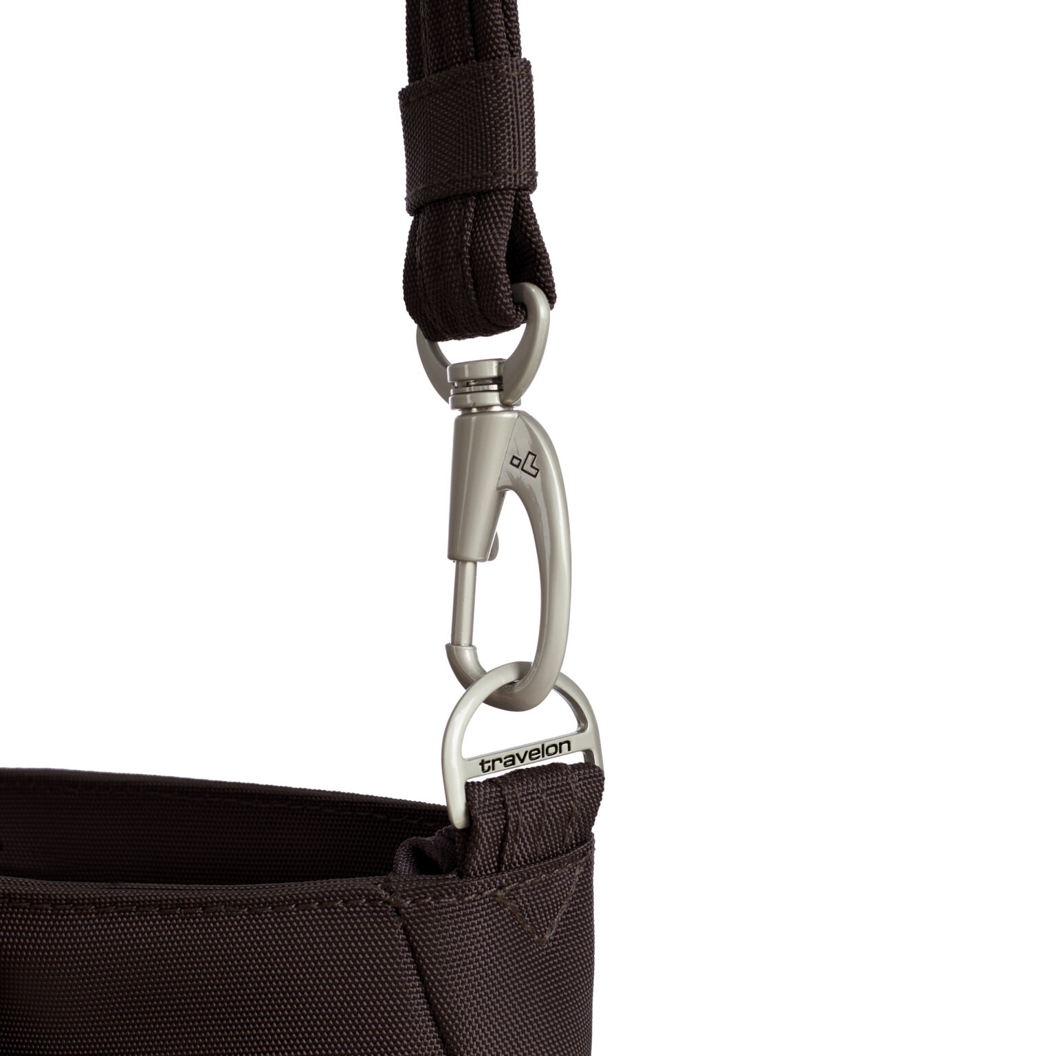 Lockdown-bevestiging van de schouderband van de Travelon Classic mini schoudertas in zwart