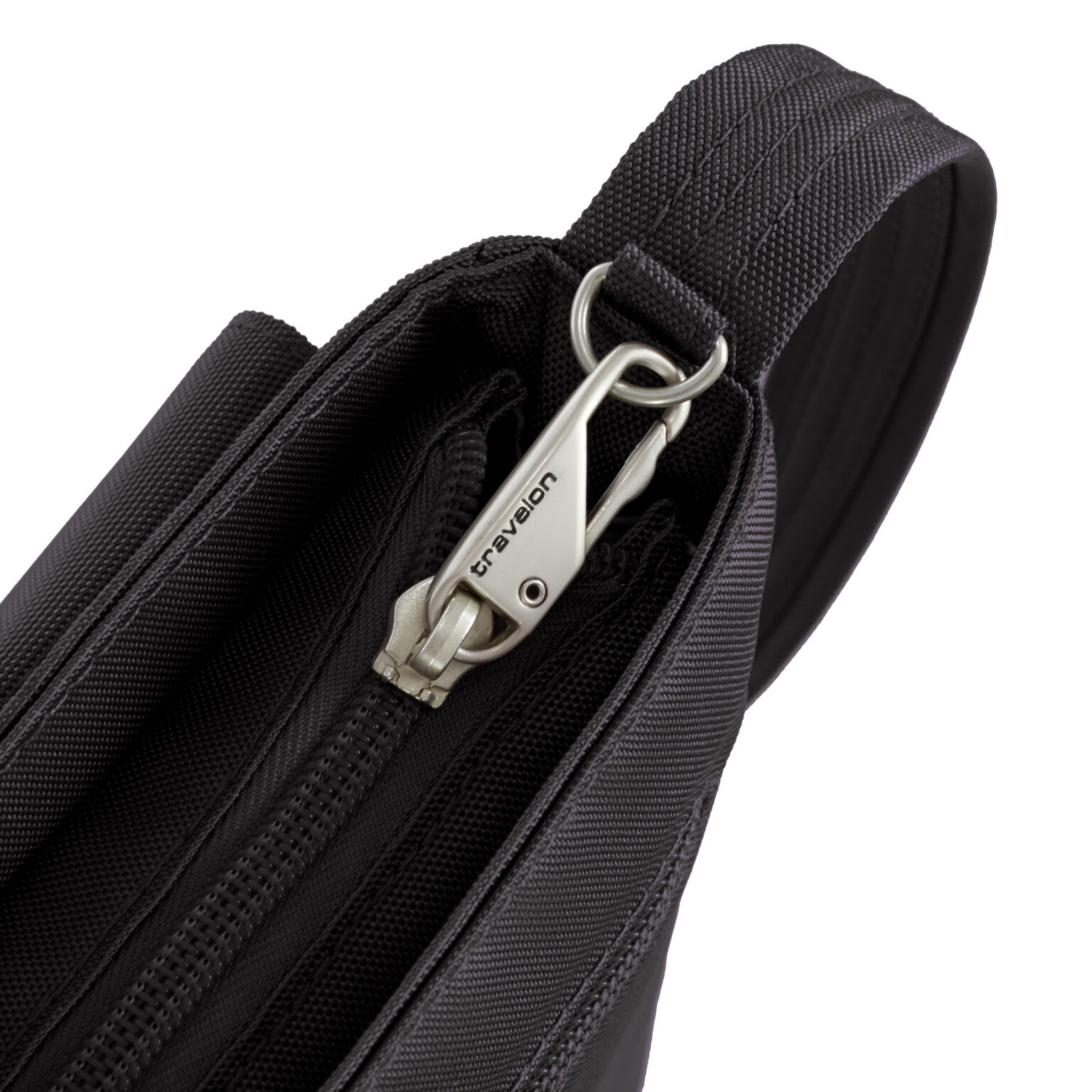 Vergrendelbare ritstrekkers van de Travelon Classic mini schoudertas in zwart
