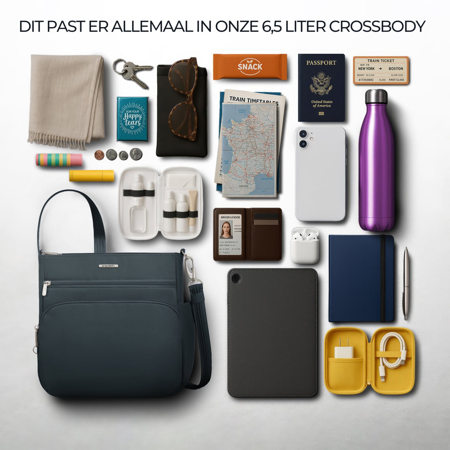 Overzicht van alles wat in de 6,5 liter Travelon Classic N/S crossbody tas in midnight blauw past