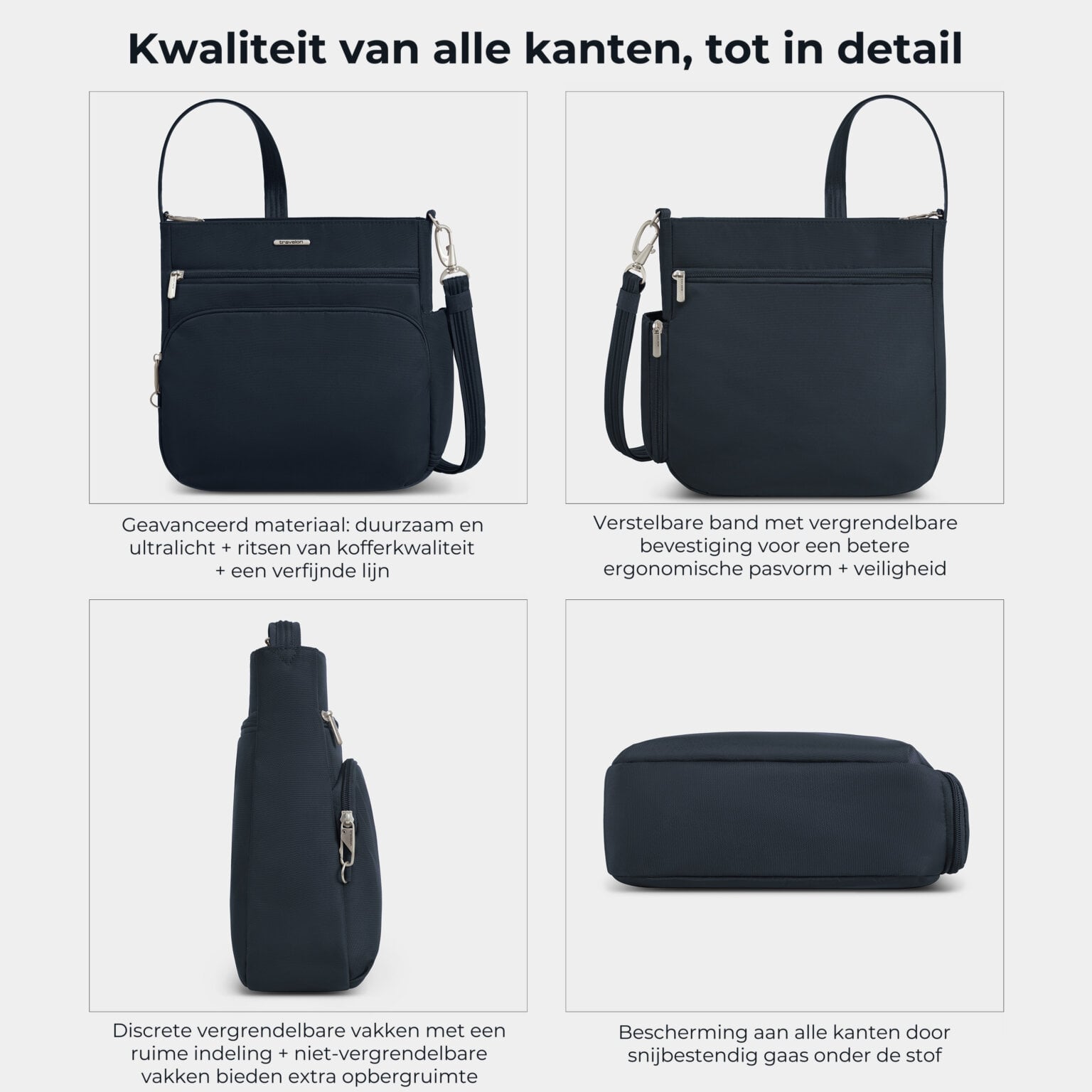 Kwaliteit en details van de Travelon Classic N/S crossbody tas in midnight blauw van alle kanten