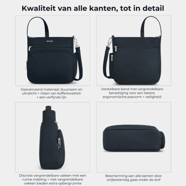 Kwaliteit en details van de Travelon Classic N/S crossbody tas in midnight blauw van alle kanten