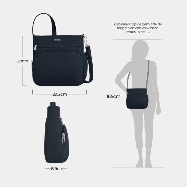Maattekening van de Travelon Classic N/S crossbody tas in midnight blauw met de afmetingen in centimeters