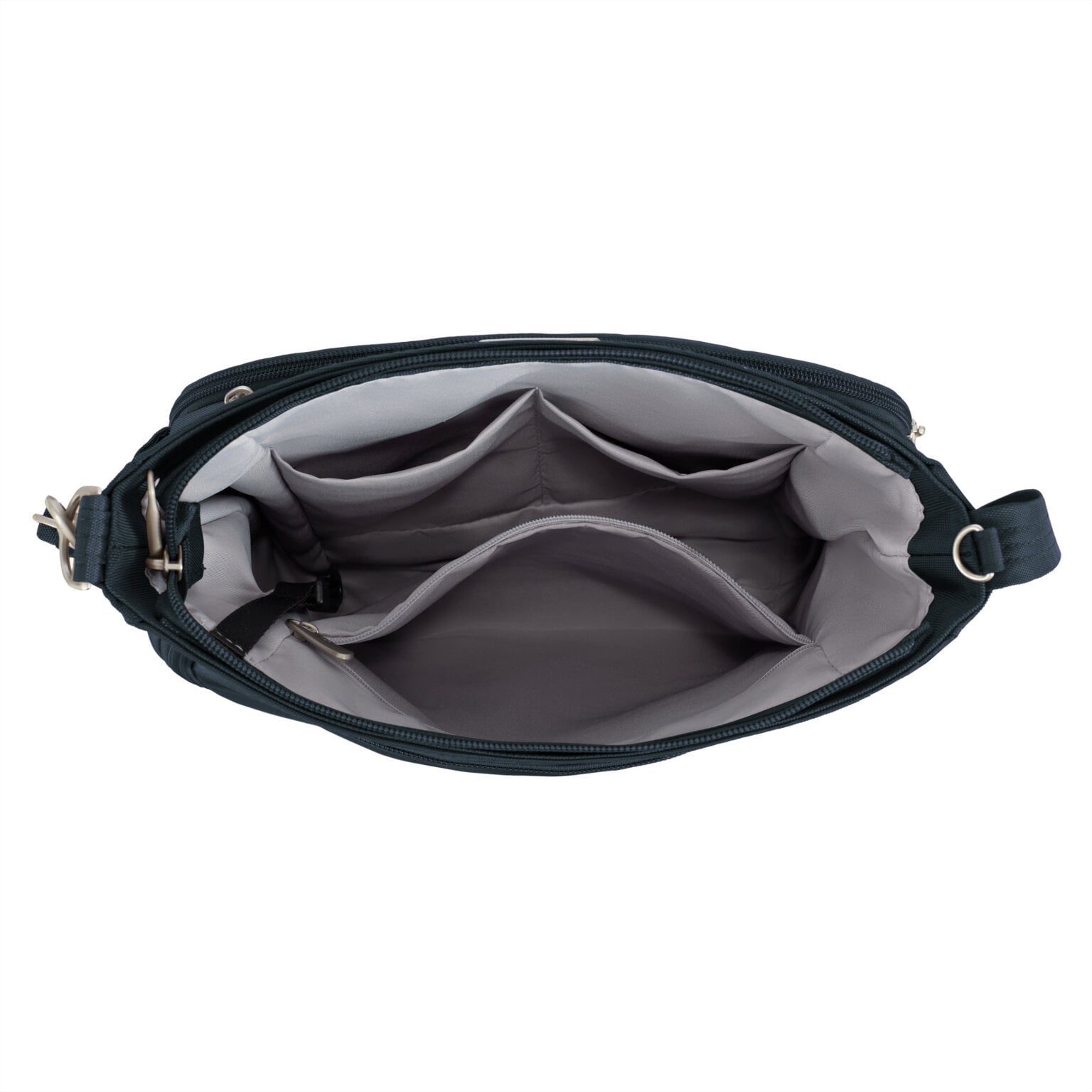 Open bovenkant van de Travelon Classic N/S crossbody tas in midnight blauw met de grijze voering