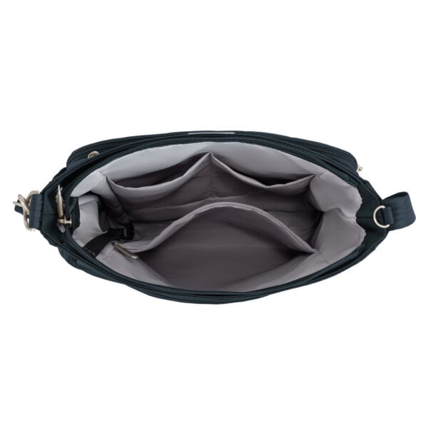 Open bovenkant van de Travelon Classic N/S crossbody tas in midnight blauw met de grijze voering