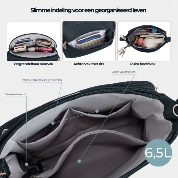 Slimme indeling van de Travelon Classic N/S crossbody tas in midnight blauw: vergrendelbaar voorvak, achtervak met rits en ruim hoofdvak