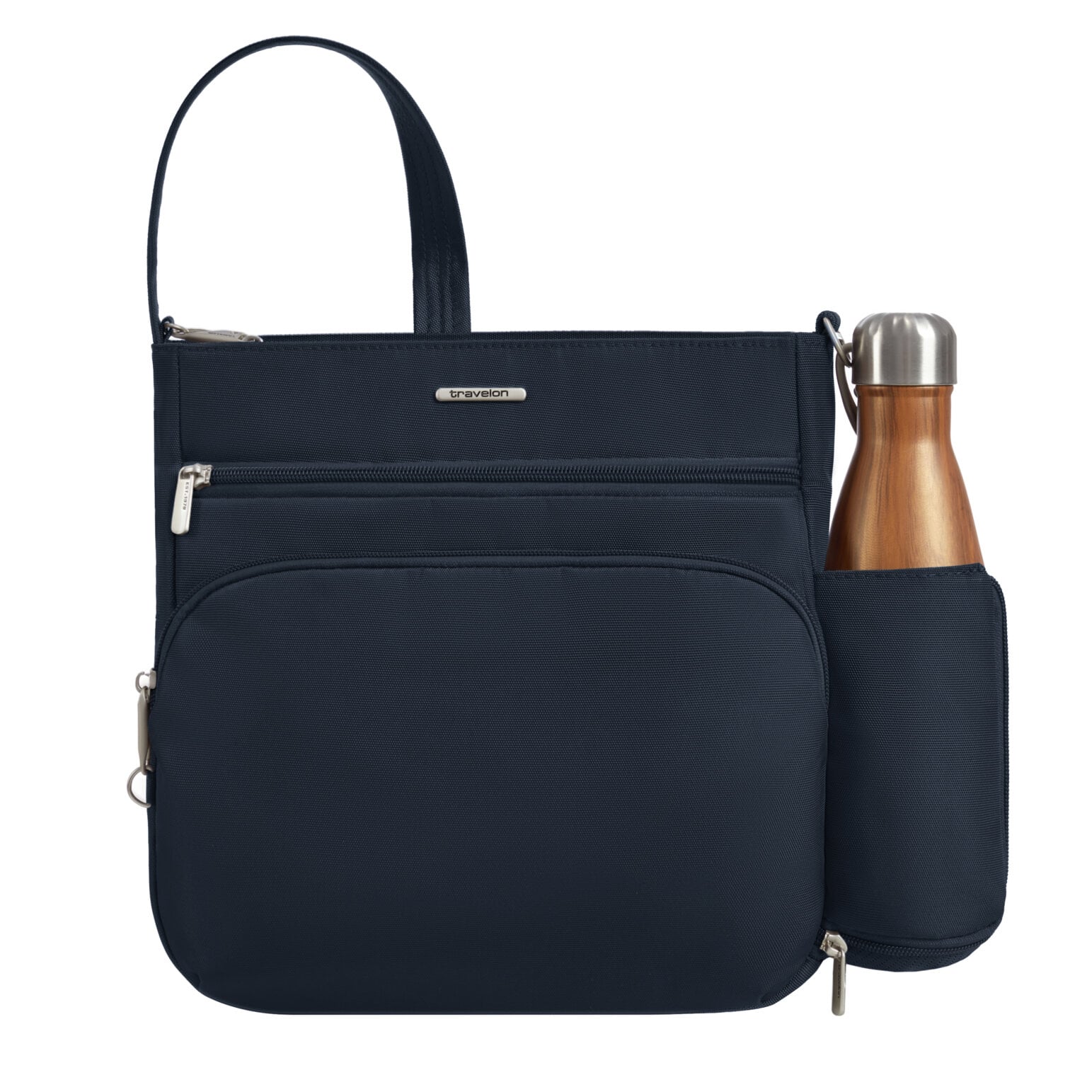 Vooraanzicht van de Travelon Classic N/S crossbody tas in midnight blauw met een drinkfles in het zijvak