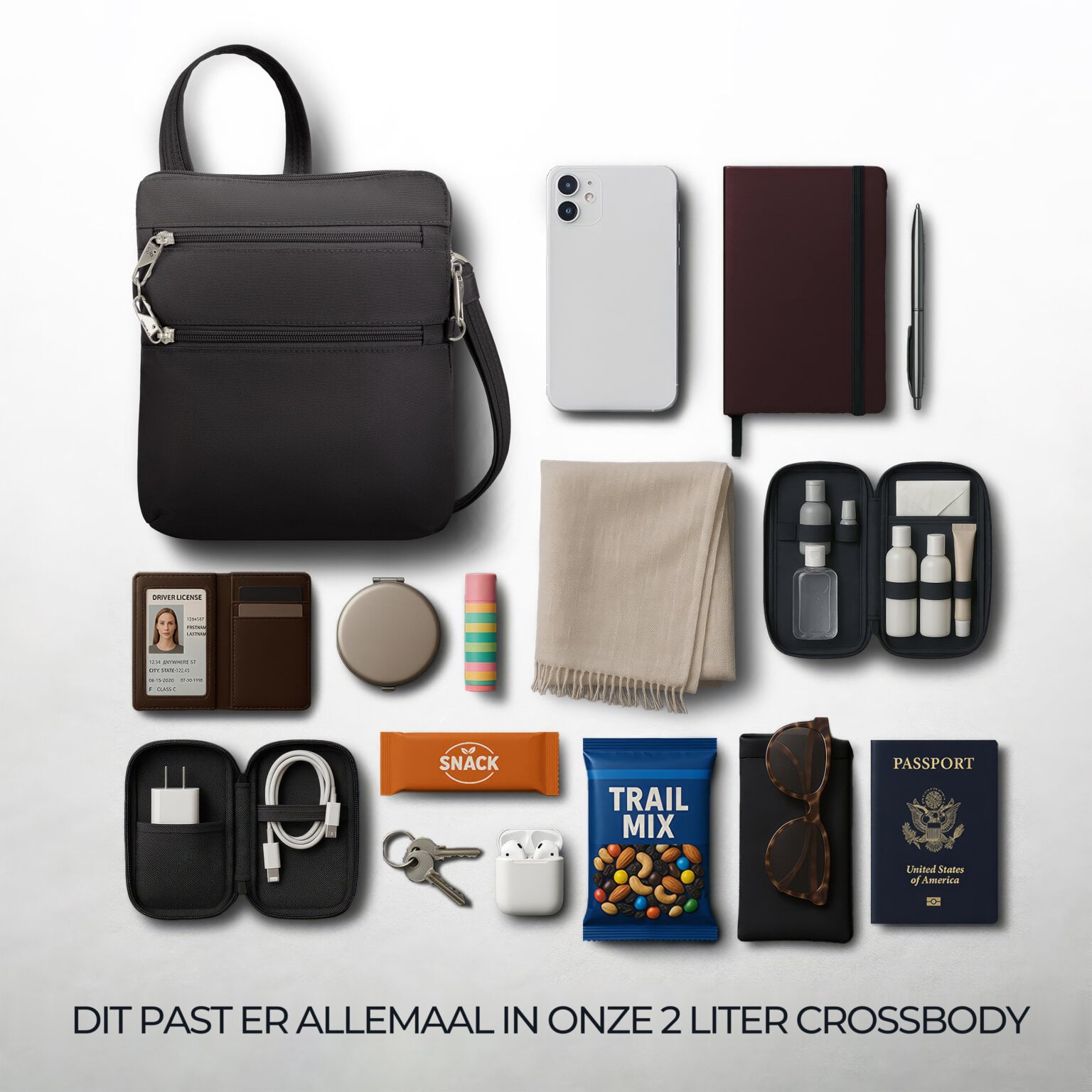 Overzicht van alles wat in de 2 liter Travelon Classic slanke crossbody tas in zwart past