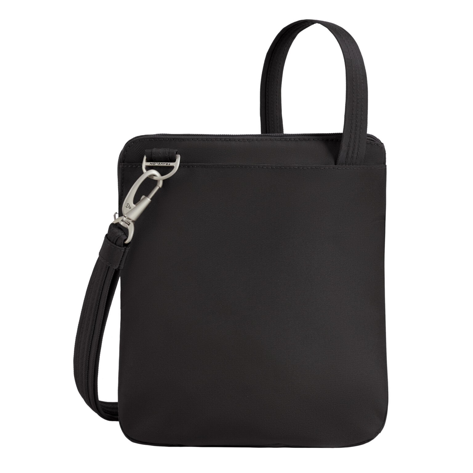 Achterkant van de Travelon Classic slanke crossbody tas in zwart