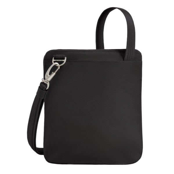 Achterkant van de Travelon Classic slanke crossbody tas in zwart