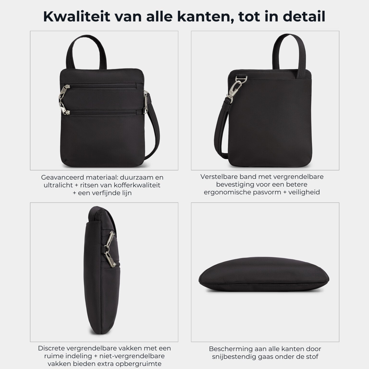 Kwaliteit en details van de Travelon Classic slanke crossbody tas in zwart van alle kanten
