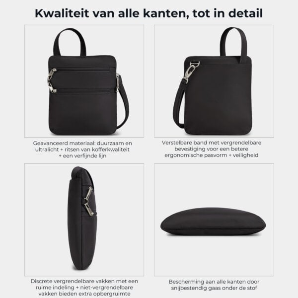 Kwaliteit en details van de Travelon Classic slanke crossbody tas in zwart van alle kanten