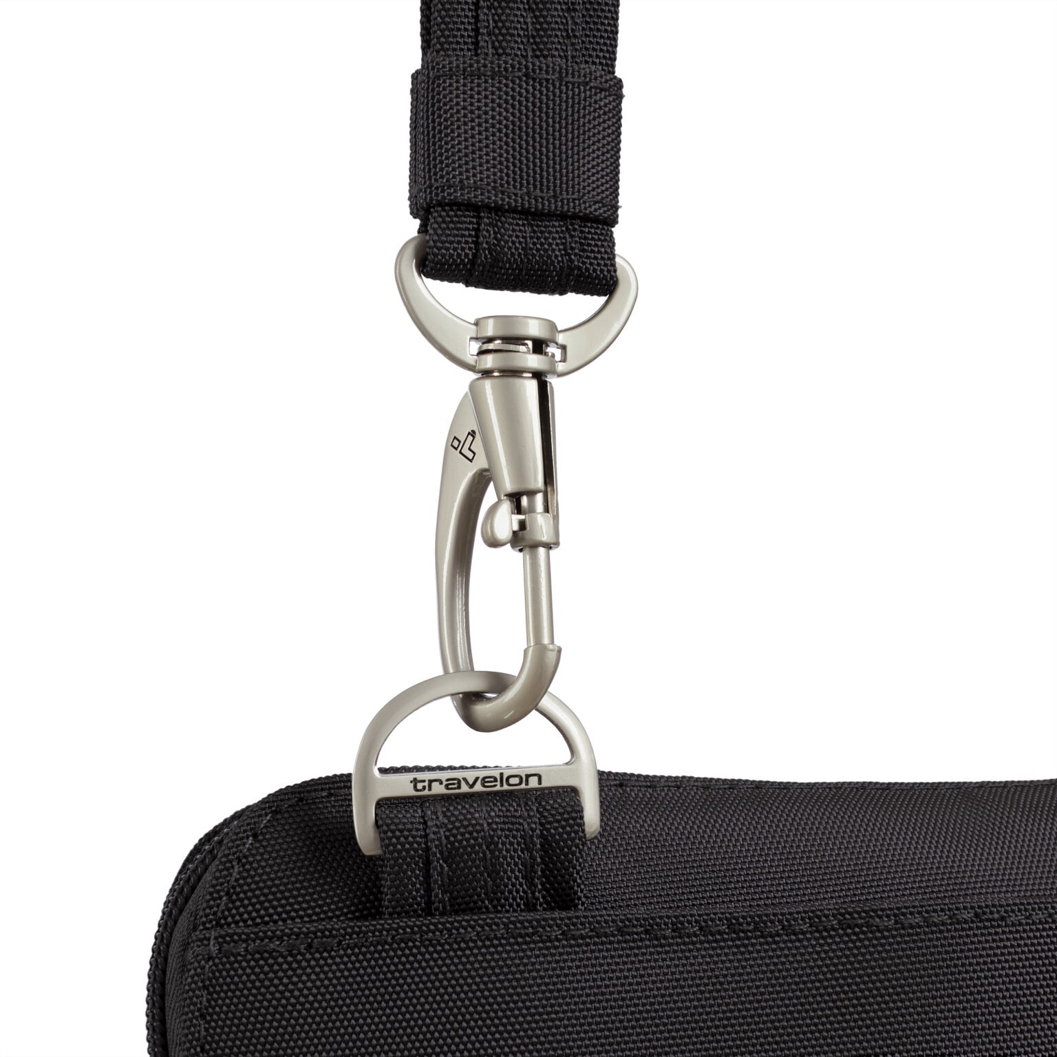 Lockdown-bevestiging van de schouderband van de Travelon Classic slanke crossbody tas in zwart