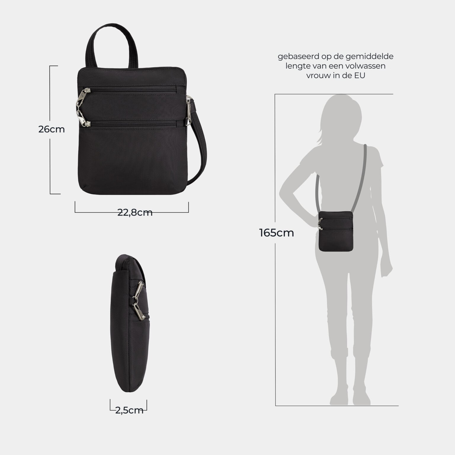 Maattekening van de Travelon Classic slanke crossbody tas in zwart met de afmetingen in centimeters