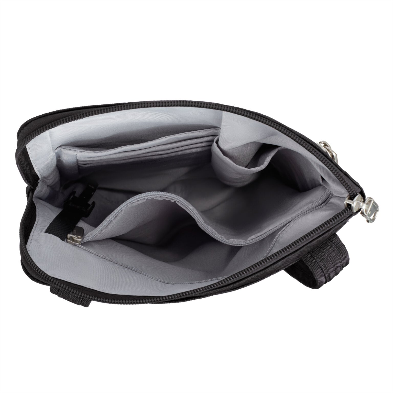 Open bovenkant van de Travelon Classic slanke crossbody tas in zwart met de grijze voering